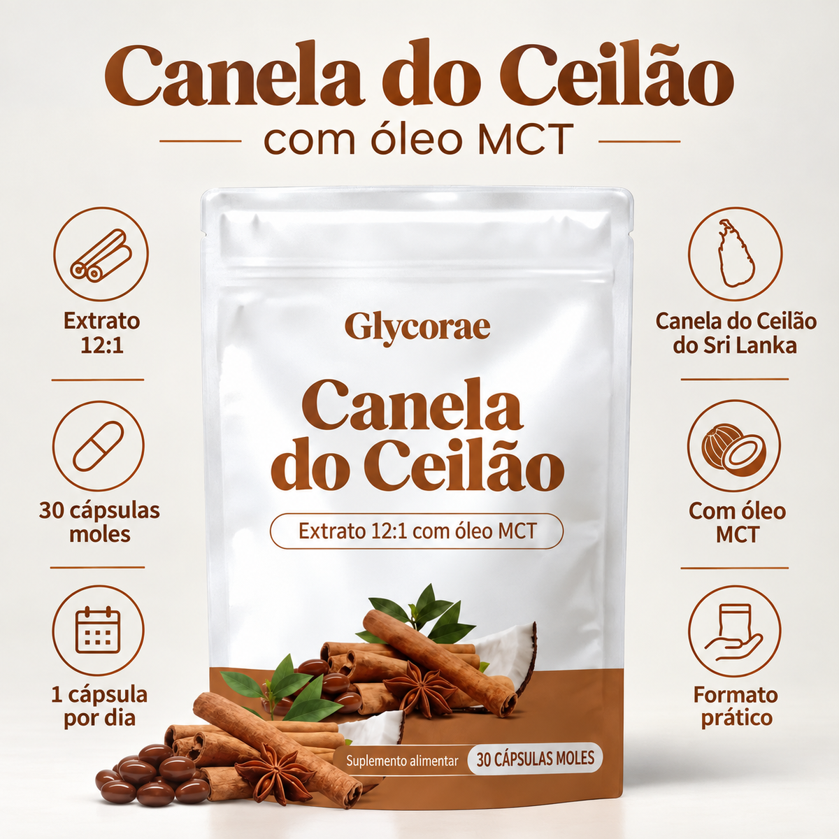 Glycorae — canela do Ceilão com óleo MCT, apresentação factual